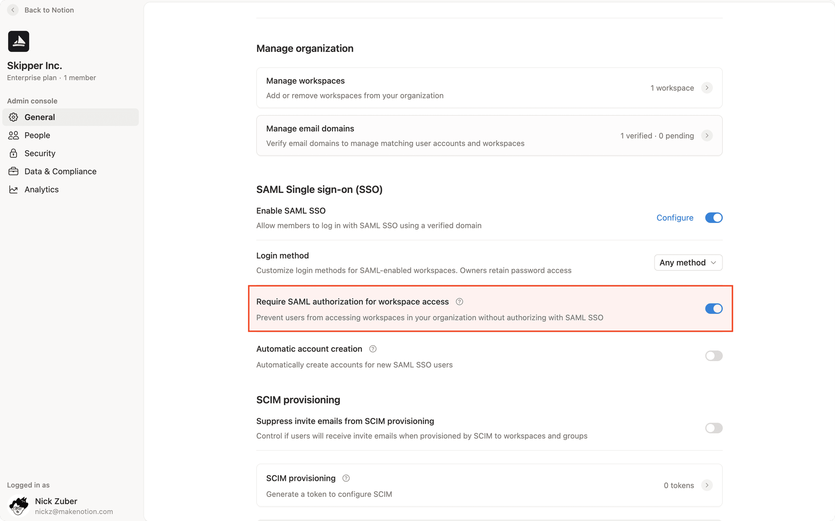 hc: workspace-level saml authorization setting
