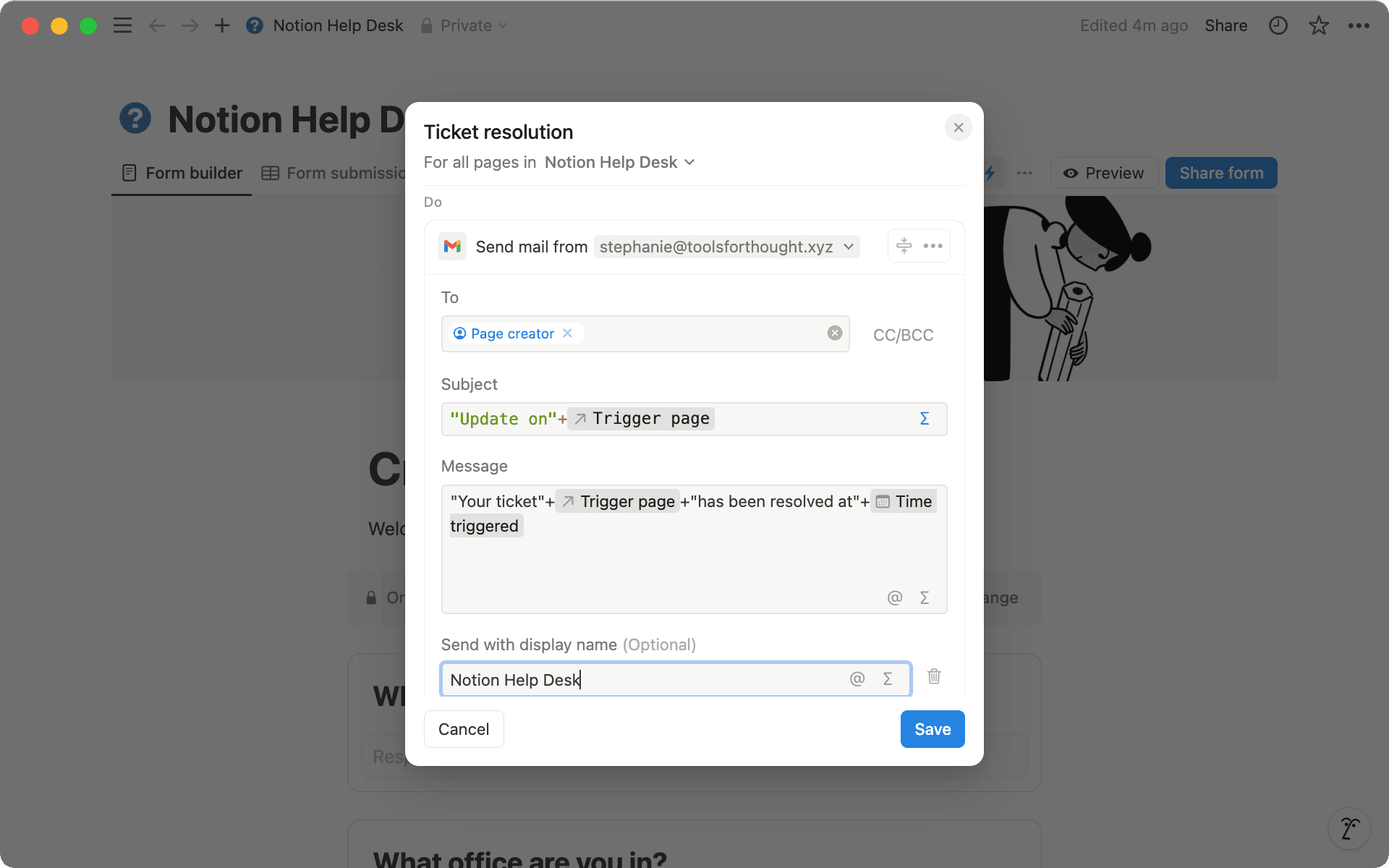 Customize the 'subject' and 'message' sections of your notification using formulas