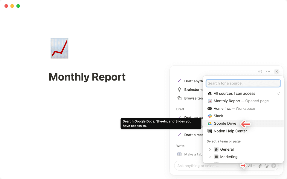 Click on the three-dot menu in the top-right corner of the Notion AI chat to connect to Google Drive.