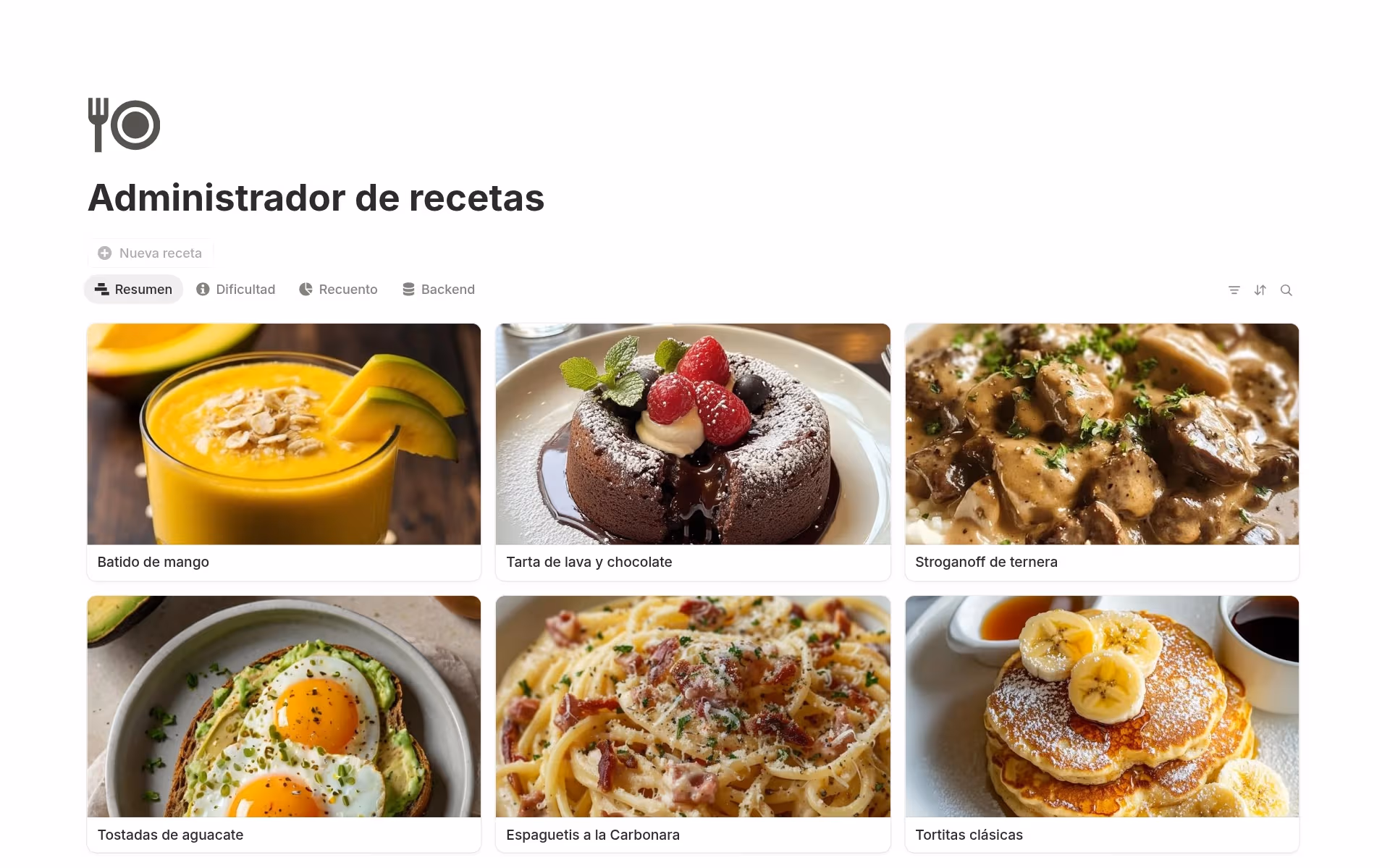 Captura de pantalla de la colección Tu caja de recetas creada por Notion