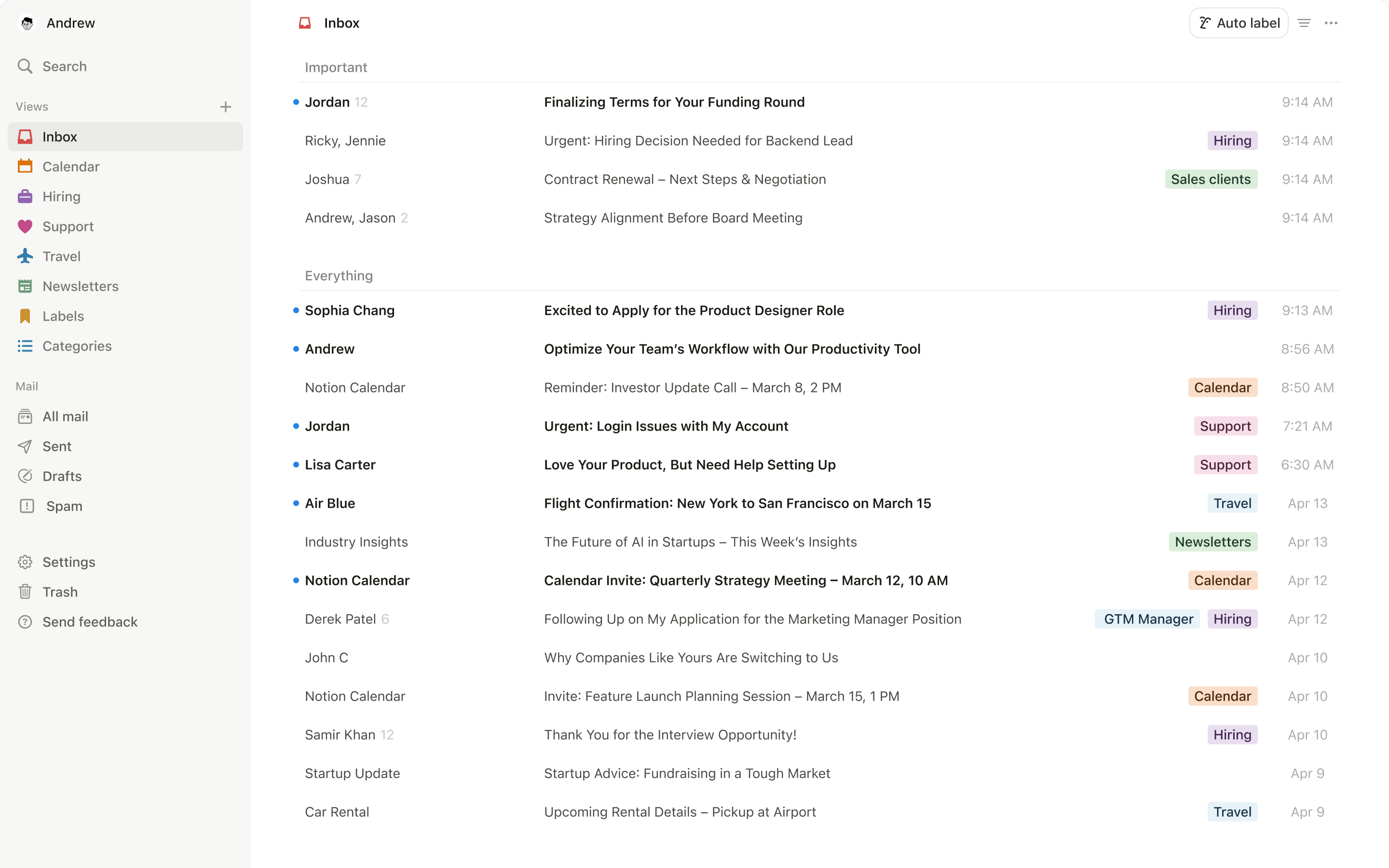 Een screenshot van Notion Mail op desktop